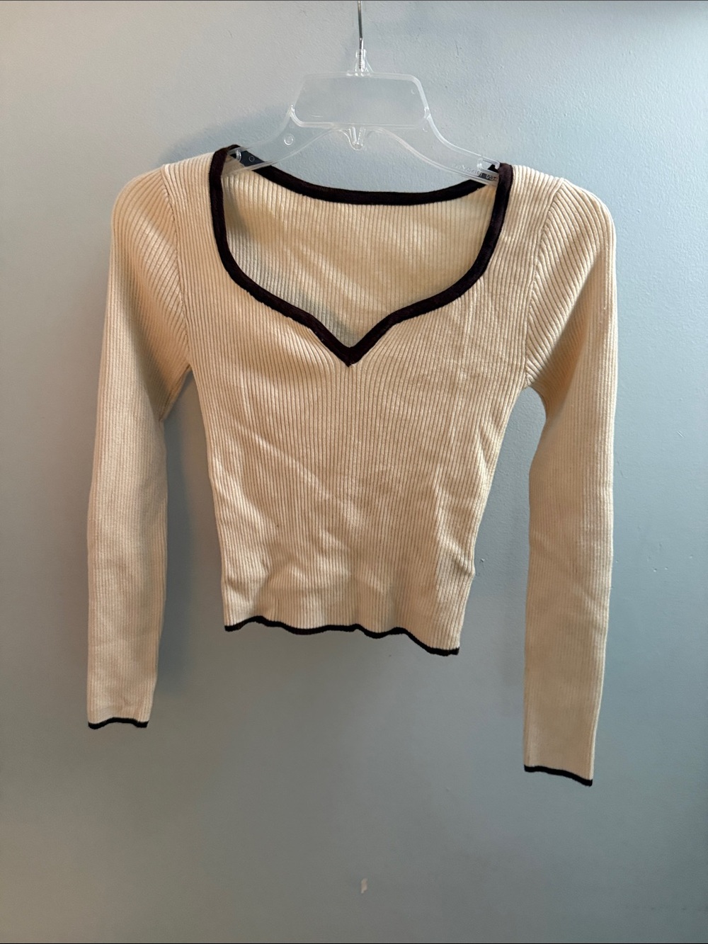 SHEIN Cream Ribbed Long Sleeve Top with Black Trim